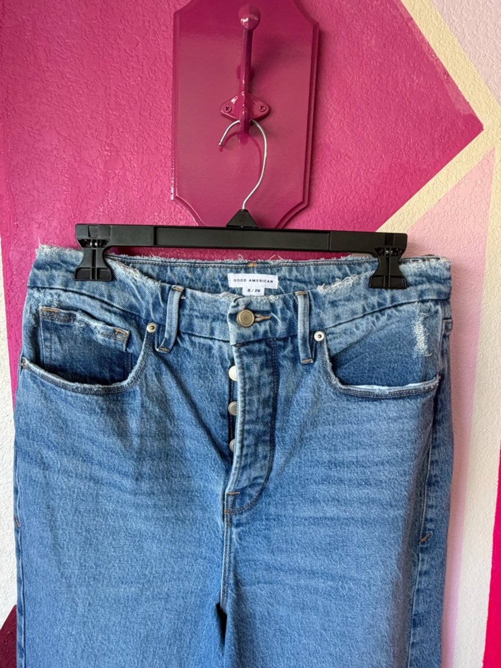 Good American High Rise Button Fly Raw Hem Distressed Jeans Size 8/29 Light Wash - Picture 7 of 9